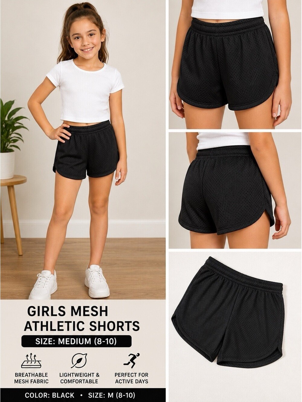 Girls BCG Black Basketball Mesh Shorts Size Medium (8-10)